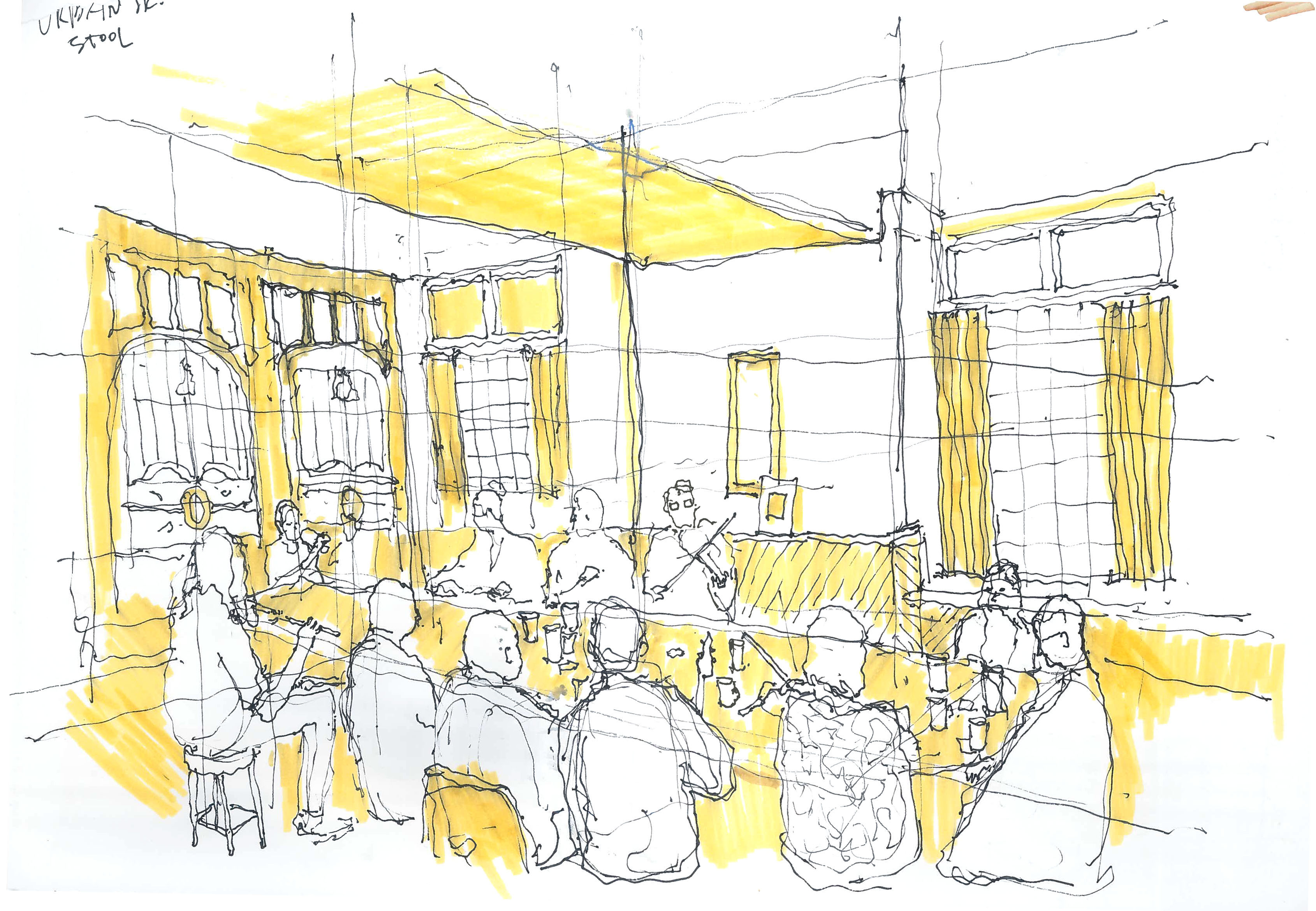 Live Music at The Peveril of the Peak pub; pen and marker on A4 paper